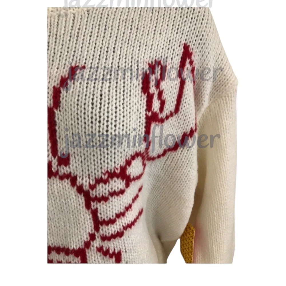 offwhite red whipstitch style lobster print crochet knit sweater size medium new